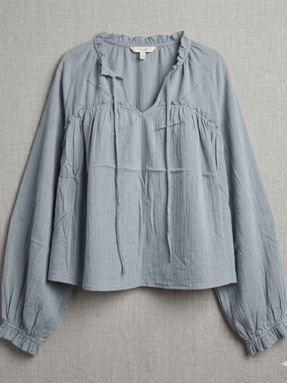 Color Block Boho Blouse Medium Light Blue Cotton Tie Neck Ruffle Long Sleeve